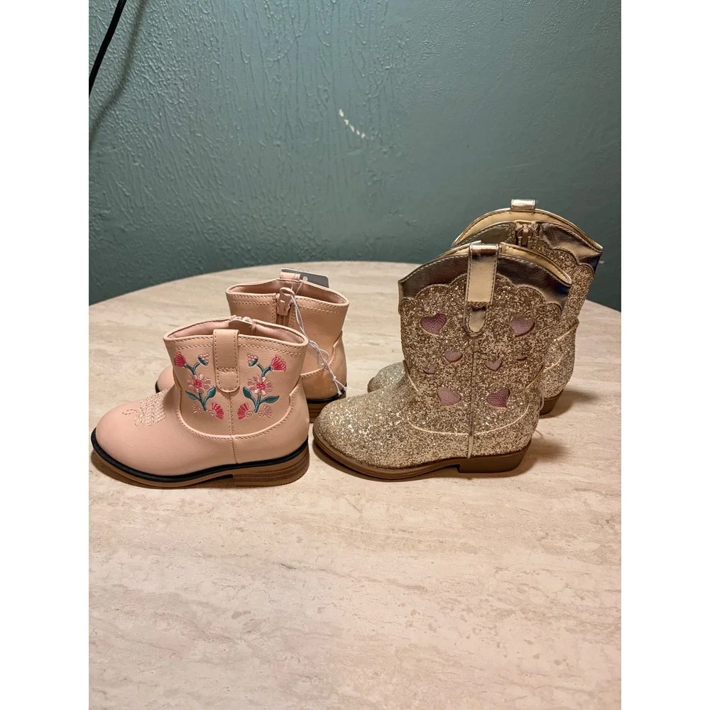 Cat & Jack Toddler Girls Western Boots Lot 2 Whitley Blush Pink Dallas Gold Sz 8
